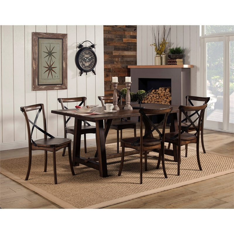 Home Square 7 Piece Dining Set with Trestle Dining Table and 6 Chairs in Oak