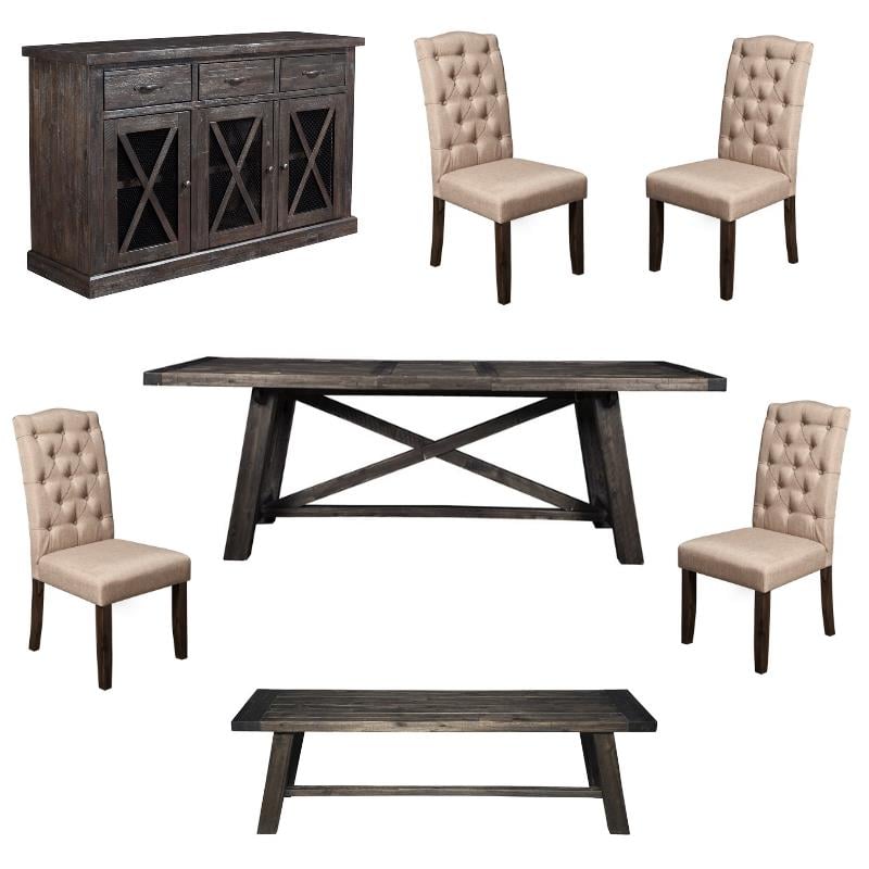 Home Square 7 Piece Dining Set with Dining Table 4 Chairs 1 Bench and Sideboard