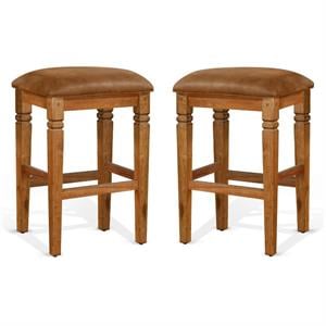 Home Square 30&quot Wood Backless Stool with Cushion Seat in Rustic Oak - Set of 2
