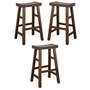 Home Square 30&quot Saddle Seat Mahogany Wood Stool in Tobacco Leaf - Set of 3