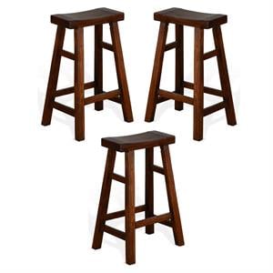 Home Square 30&quot Saddle Seat Mahogany Wood Stool in Medium Brown - Set of 3