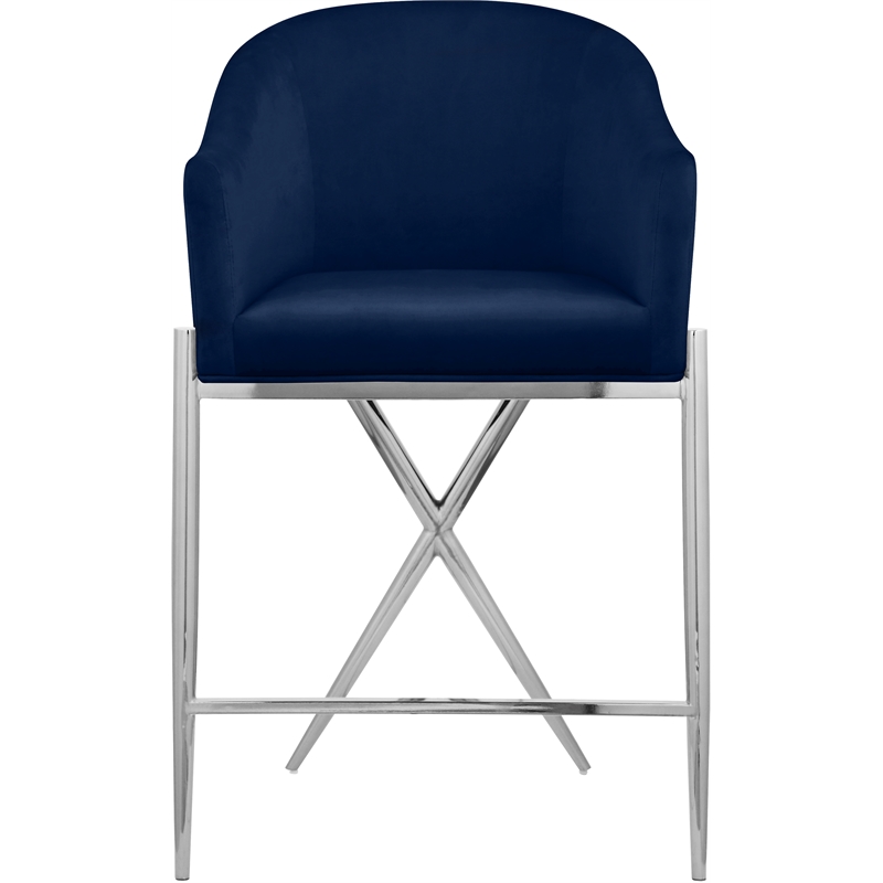 Home Square Navy Velvet Counter Stool with Chrome Metal Legs - Set of 2