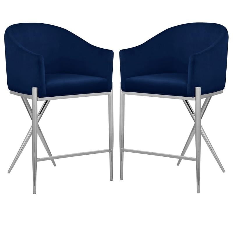 Home Square Navy Velvet Counter Stool with Chrome Metal Legs - Set of 2