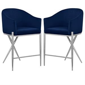 Home Square Navy Velvet Counter Stool with Chrome Metal Legs - Set of 2