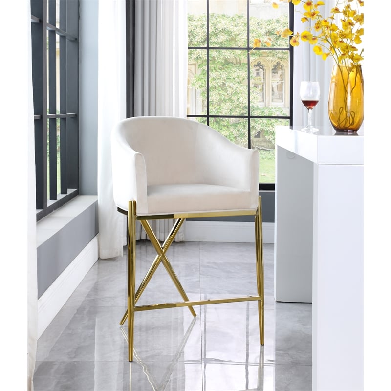 Home Square Cream Velvet Counter Stool with Gold Metal Legs - Set of 2