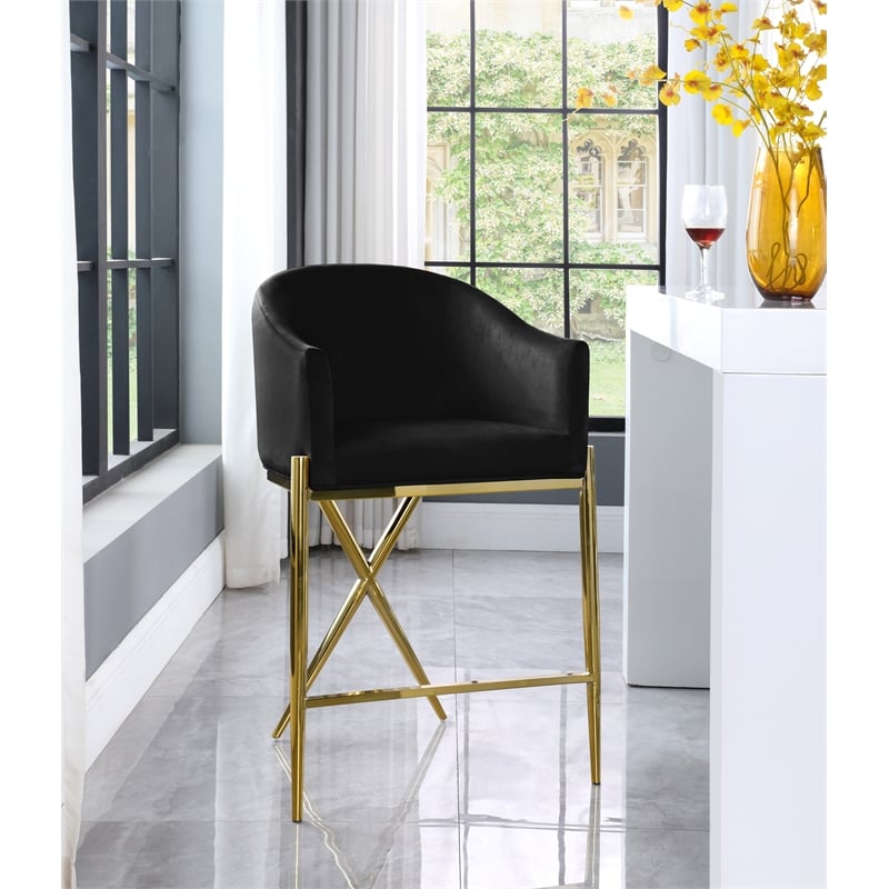 Home Square Black Velvet Counter Stool with Gold Metal Legs - Set of 2