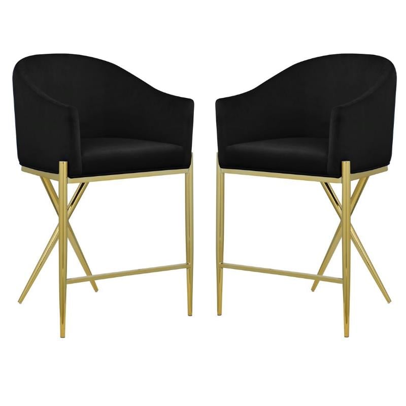 Home Square Black Velvet Counter Stool with Gold Metal Legs - Set of 2