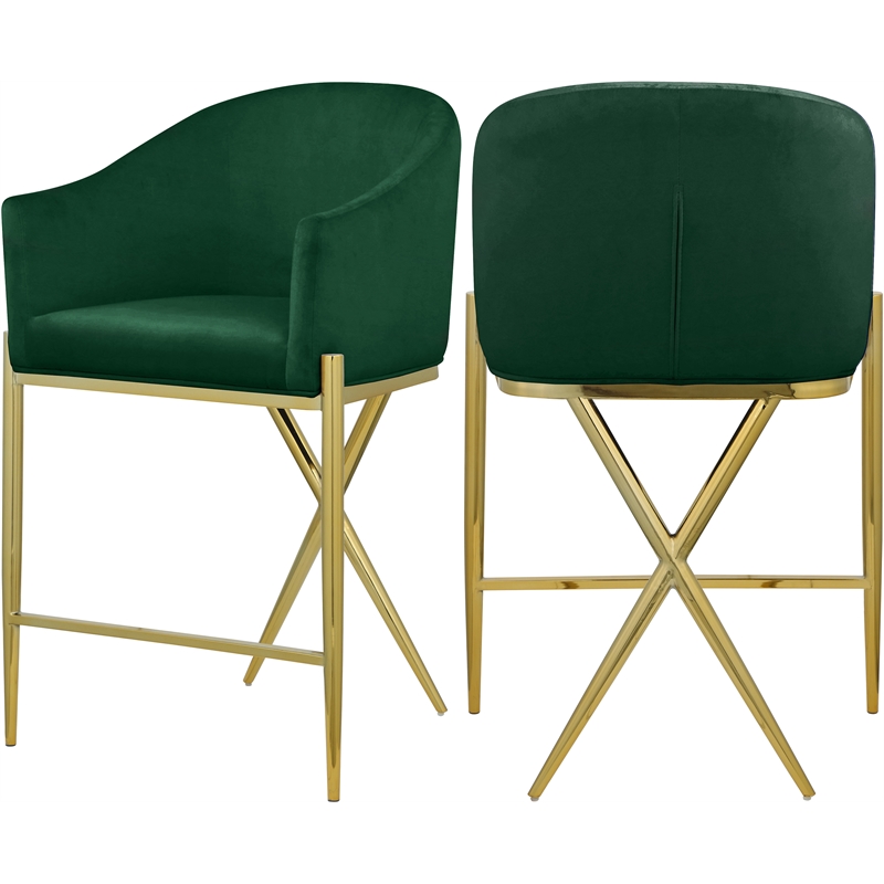 Home Square Green Velvet Counter Stool with Gold Metal Legs - Set of 2