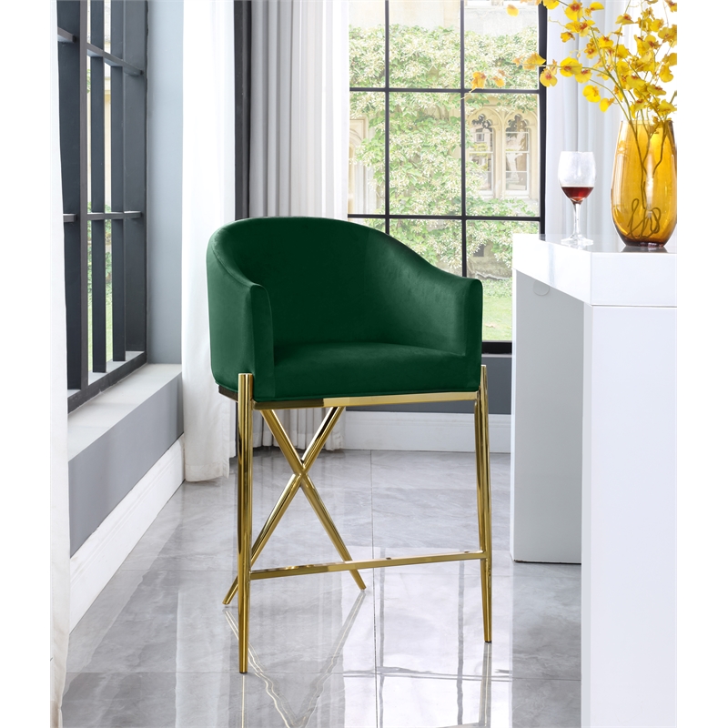 Home Square Green Velvet Counter Stool with Gold Metal Legs - Set of 2
