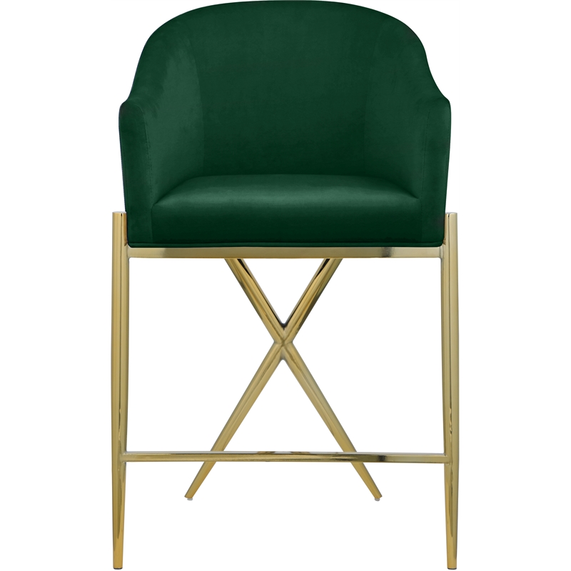 Home Square Green Velvet Counter Stool with Gold Metal Legs - Set of 2