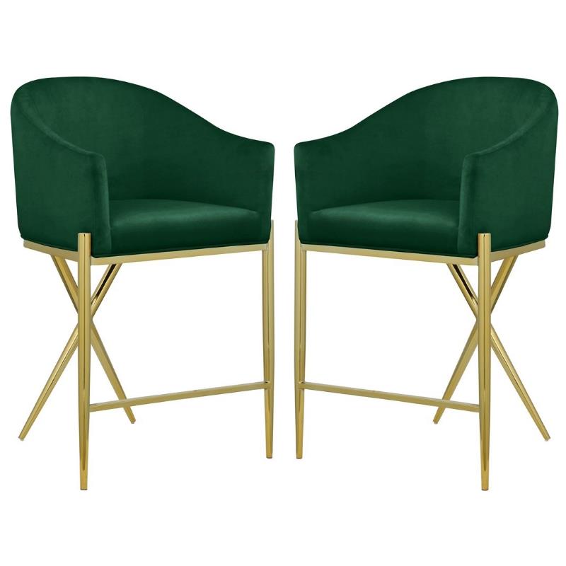 Home Square Green Velvet Counter Stool with Gold Metal Legs - Set of 2