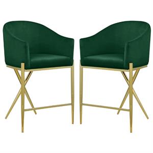 Home Square Green Velvet Counter Stool with Gold Metal Legs - Set of 2