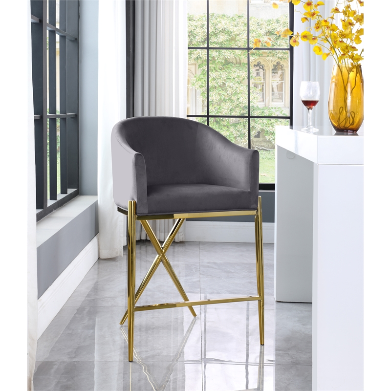Home Square Gray Velvet Counter Stool with Gold Metal Legs - Set of 2