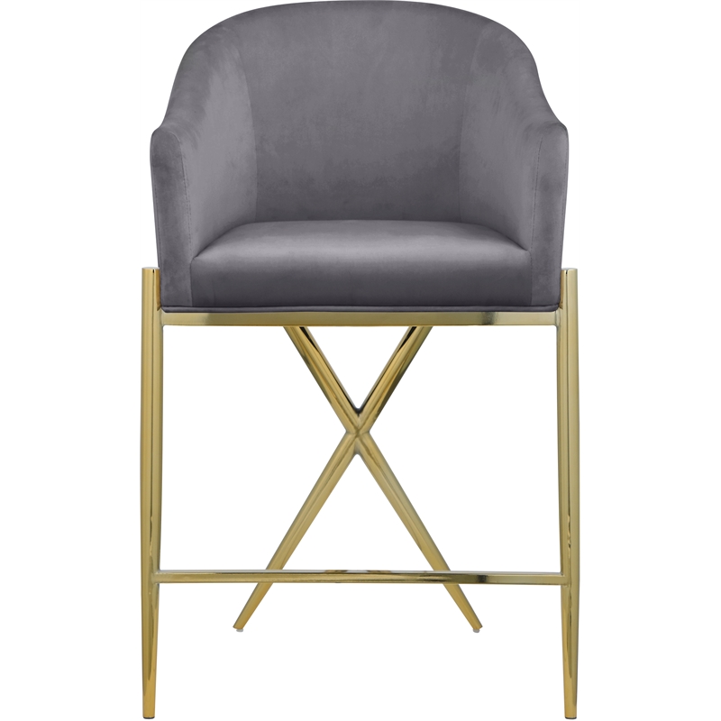 Home Square Gray Velvet Counter Stool with Gold Metal Legs - Set of 2