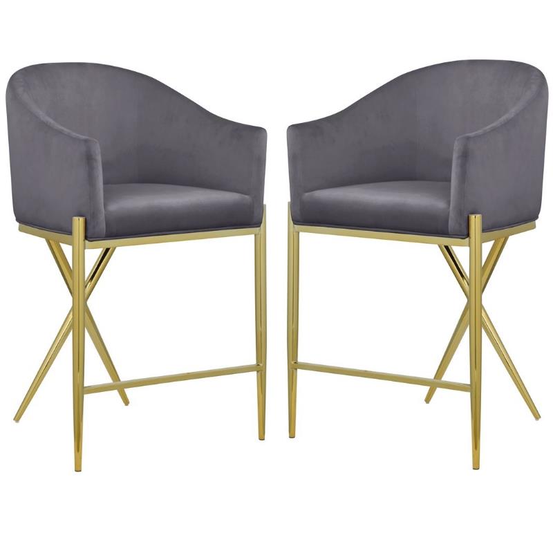 Home Square Gray Velvet Counter Stool with Gold Metal Legs - Set of 2
