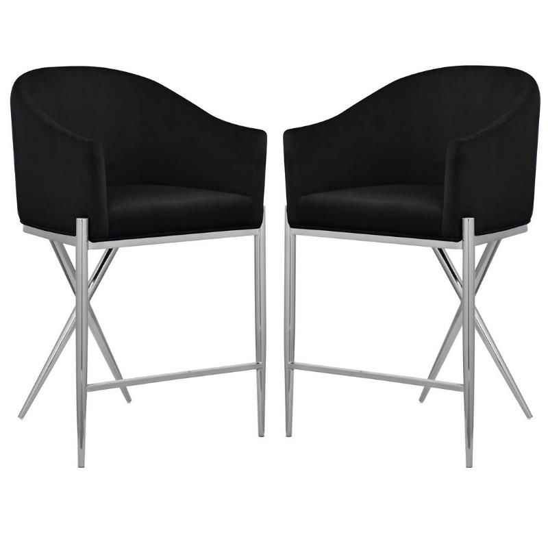 Home Square Black Velvet Counter Stool with Chrome Metal Legs - Set of 2