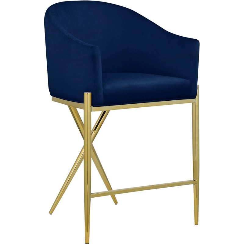Home Square Navy Velvet Counter Stool with Gold Metal Legs - Set of 2