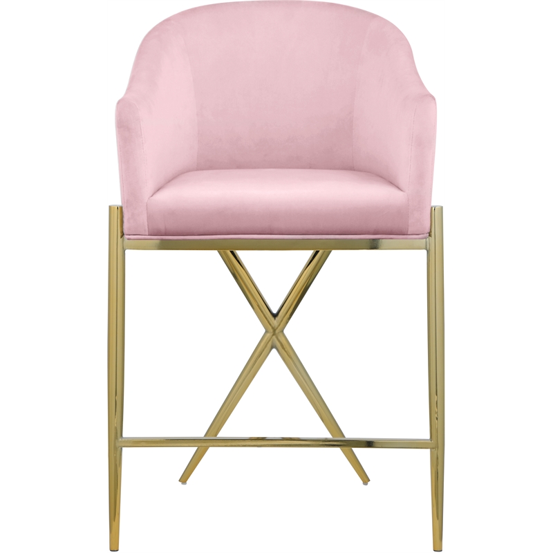 Home Square Pink Velvet Counter Stool with Gold Metal Legs - Set of 2