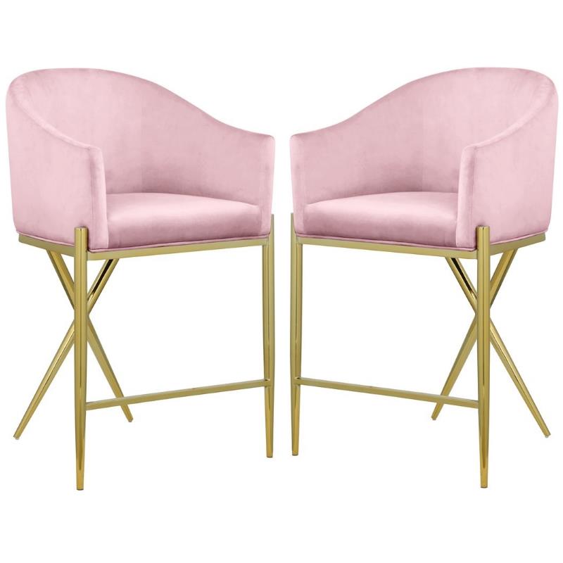Home Square Pink Velvet Counter Stool with Gold Metal Legs - Set of 2