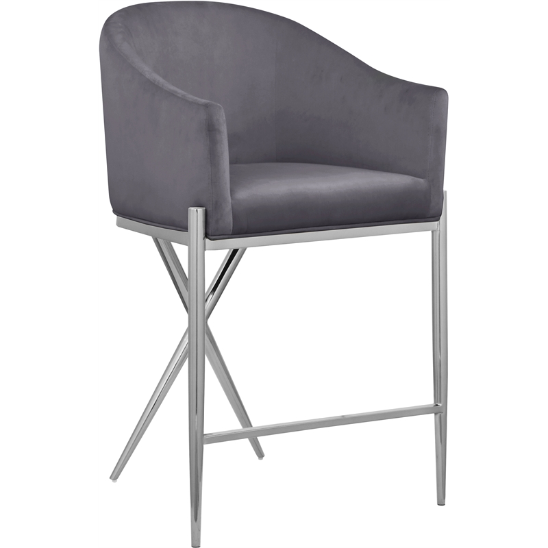 Home Square Gray Velvet Counter Stool with Chrome Metal Legs - Set of 2
