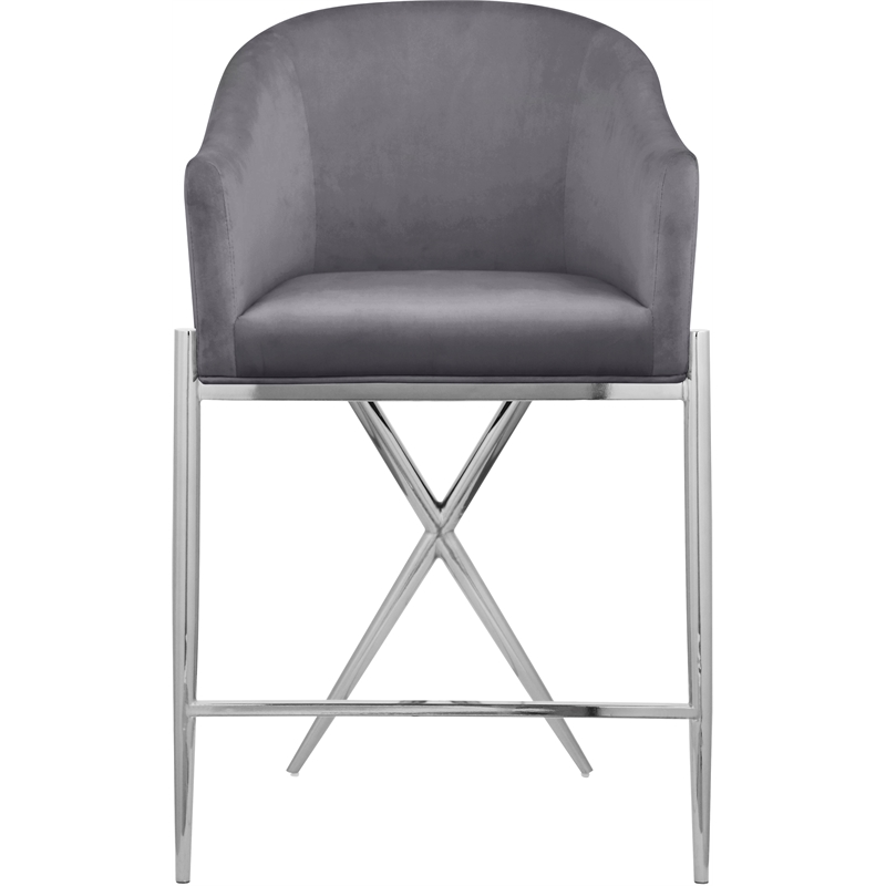 Home Square Gray Velvet Counter Stool with Chrome Metal Legs - Set of 2