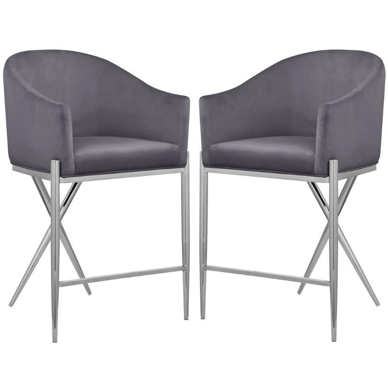 Home Square Gray Velvet Counter Stool with Chrome Metal Legs - Set of 2