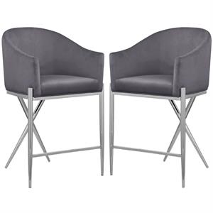 Home Square Gray Velvet Counter Stool with Chrome Metal Legs - Set of 2