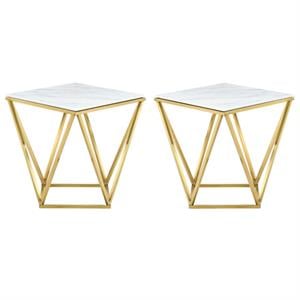 Home Square Mason Stone With Marble Veneer End Table in Gold - Set of 2