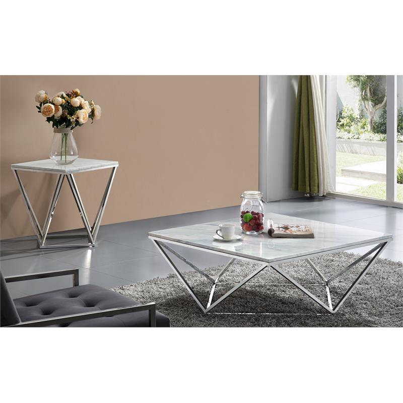Home Square Stone With Marble Veneer End Table in Chrome - Set of 2