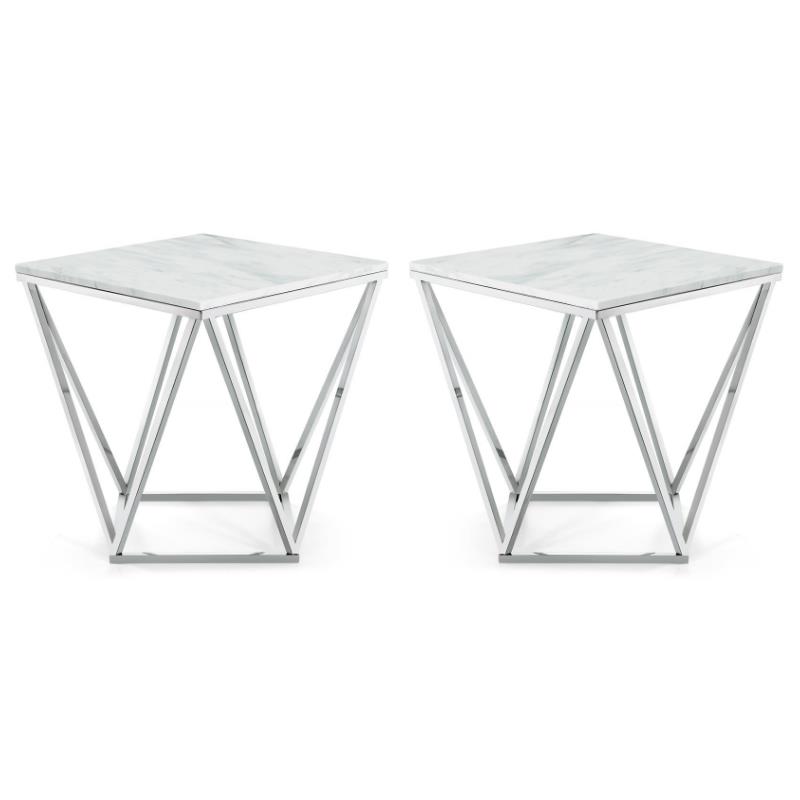 Home Square Stone With Marble Veneer End Table in Chrome - Set of 2