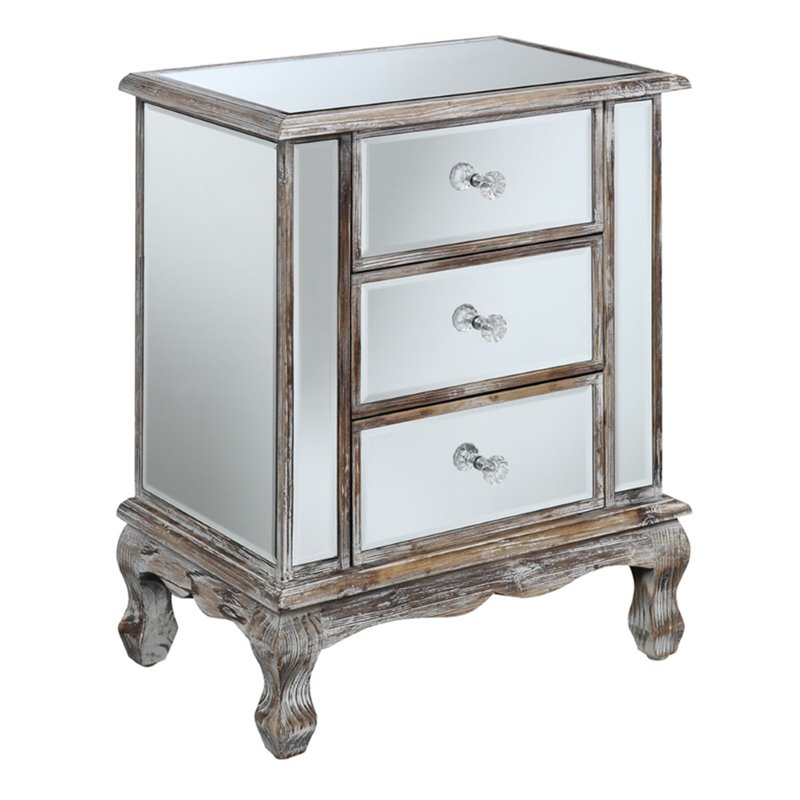 Home Square 3-Drawer Mirrored End Table in Weathered White Wood - Set of 2