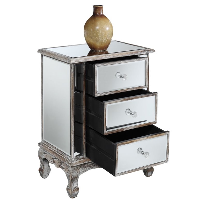 Home Square 3-Drawer Mirrored End Table in Weathered White Wood - Set of 2