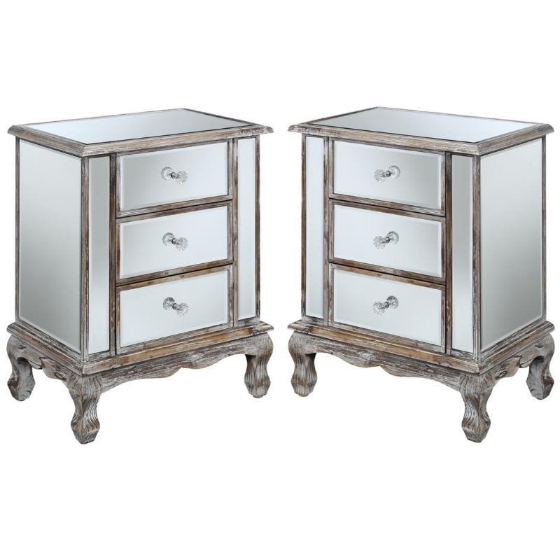 Home Square 3-Drawer Mirrored End Table in Weathered White Wood - Set of 2