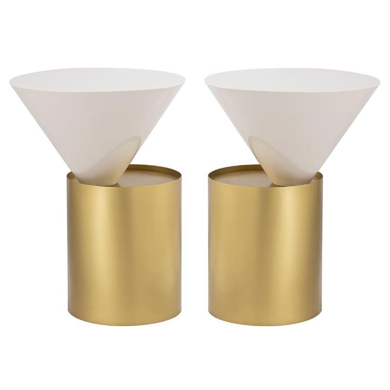 Home Square Metal Top End Table with Brushed Brass Metal Base - Set of 2