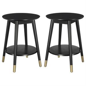 Home Square Wilson Mid-Century Round End Table in Black Wood Finish - Set of 2