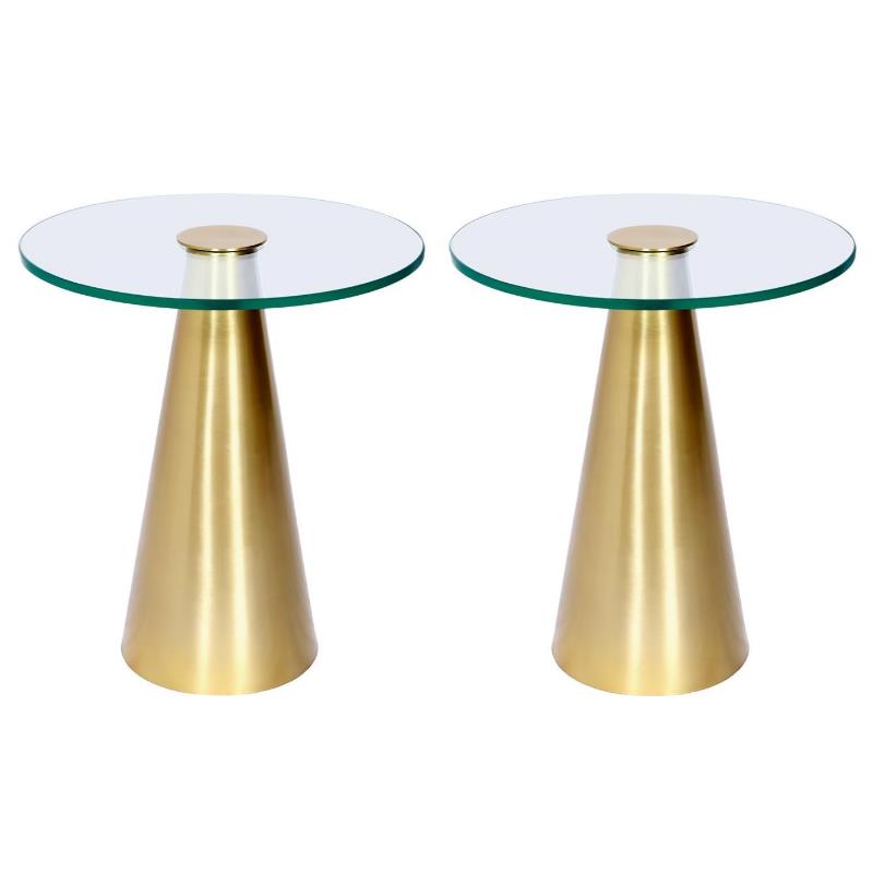 Home Square Glass Top End Table with Brushed Gold Iron Base - Set of 2