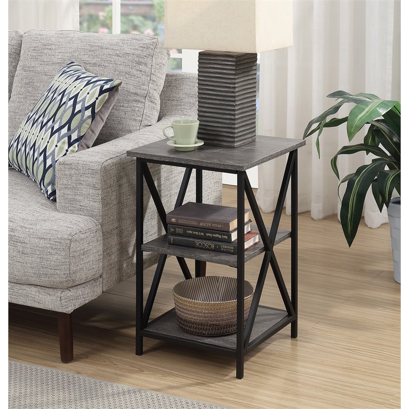 Home Square Tucson Three-Tier End Table in Weathered Gray Wood Finish - Set of 2