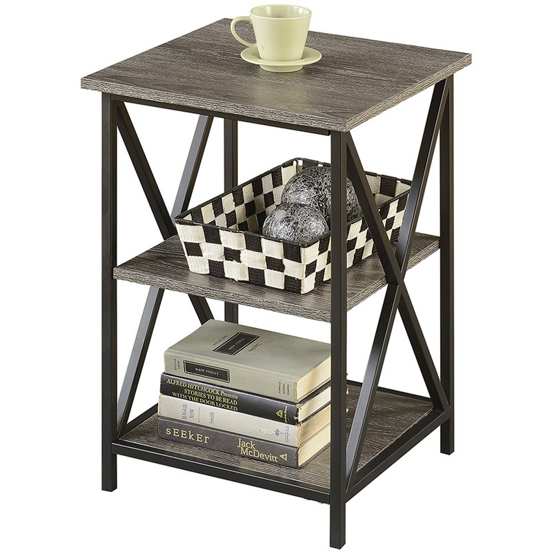 Home Square Tucson Three-Tier End Table in Weathered Gray Wood Finish - Set of 2