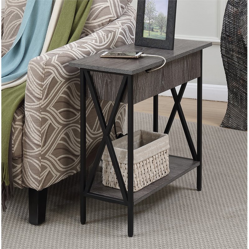 Home Square Tucson Electric Flip-Top End Table in Weathered Gray Wood - Set of 2