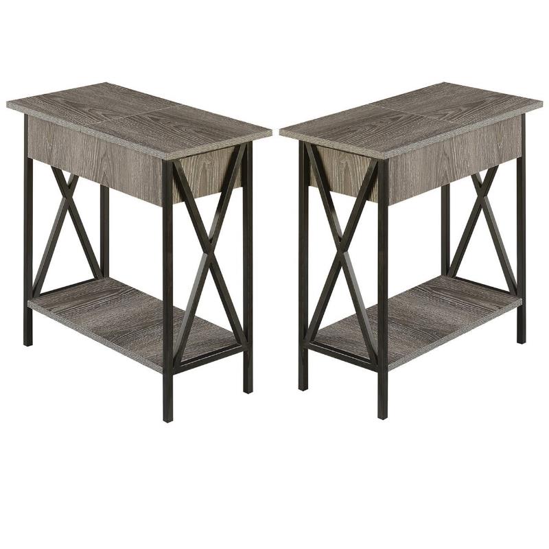 Home Square Tucson Electric Flip-Top End Table in Weathered Gray Wood - Set of 2