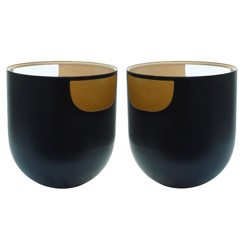 Home Square Round Matte Black Metal End Table with Glass Top - Set of 2