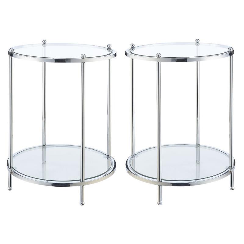 Home Square Two-Tier Round End Table in Clear Glass/Chrome - Set of 2