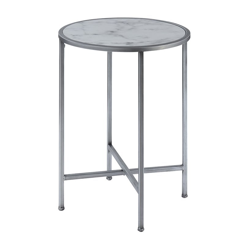 Home Square Faux Marble Round End Table in Silver Metal Frame - Set of 2