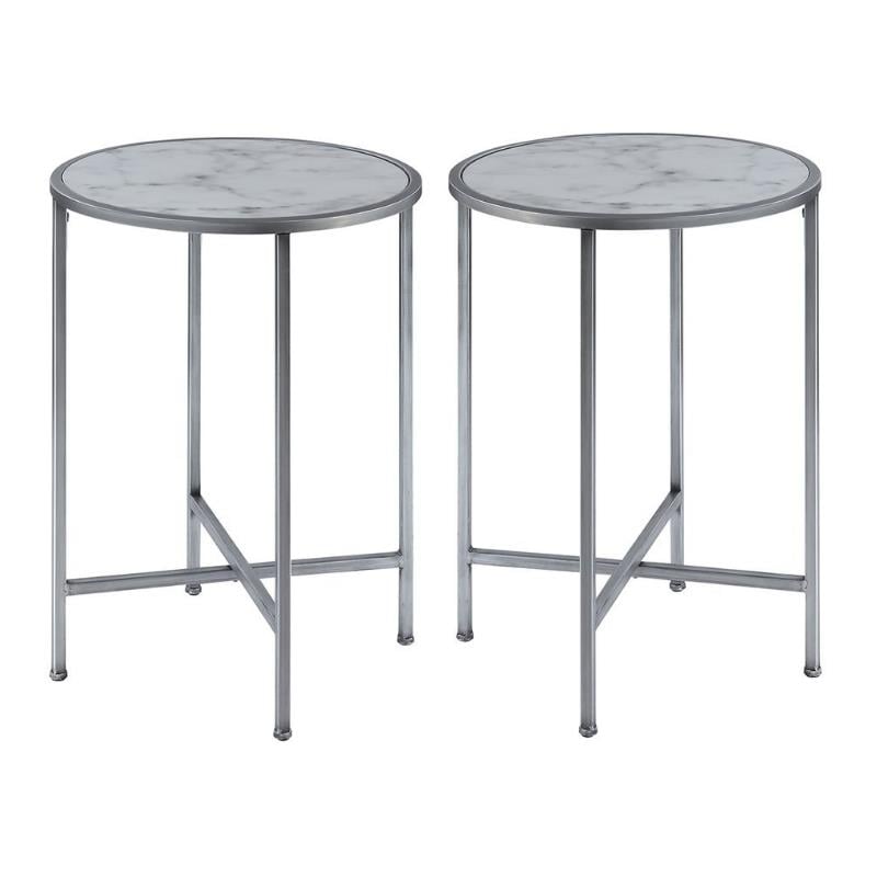 Home Square Faux Marble Round End Table in Silver Metal Frame - Set of 2