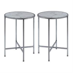 Home Square Faux Marble Round End Table in Silver Metal Frame - Set of 2