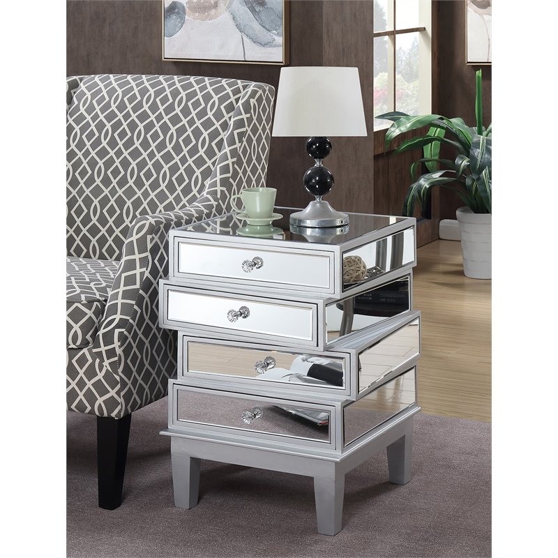 Home Square End Table in Mirrored Glass and Silver Wood Finish - Set of 2