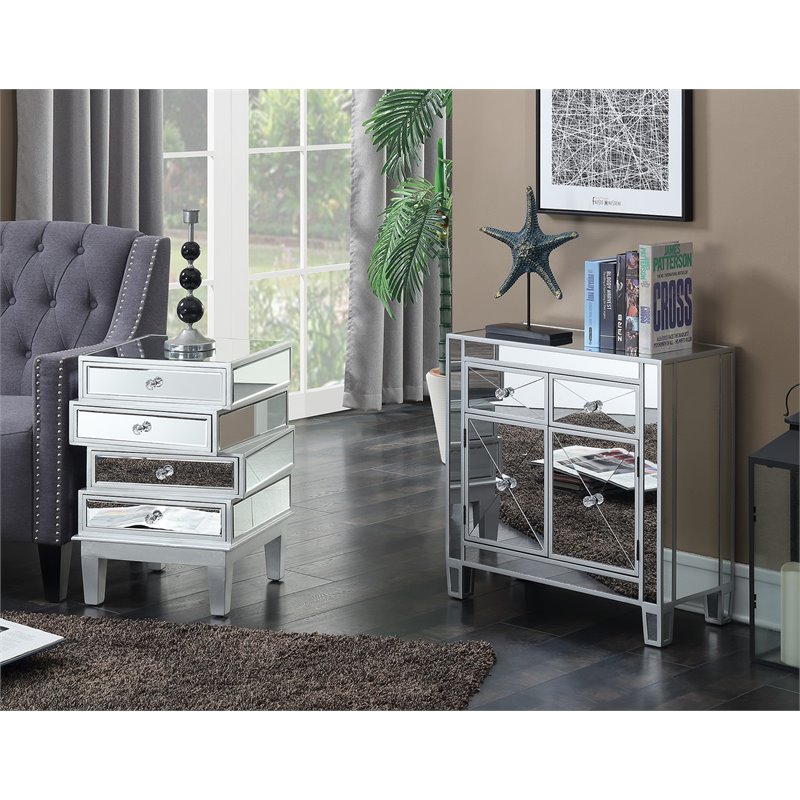 Home Square End Table in Mirrored Glass and Silver Wood Finish - Set of 2
