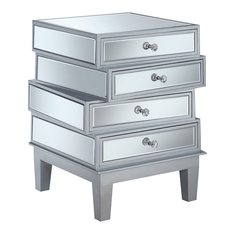Home Square End Table in Mirrored Glass and Silver Wood Finish - Set of 2