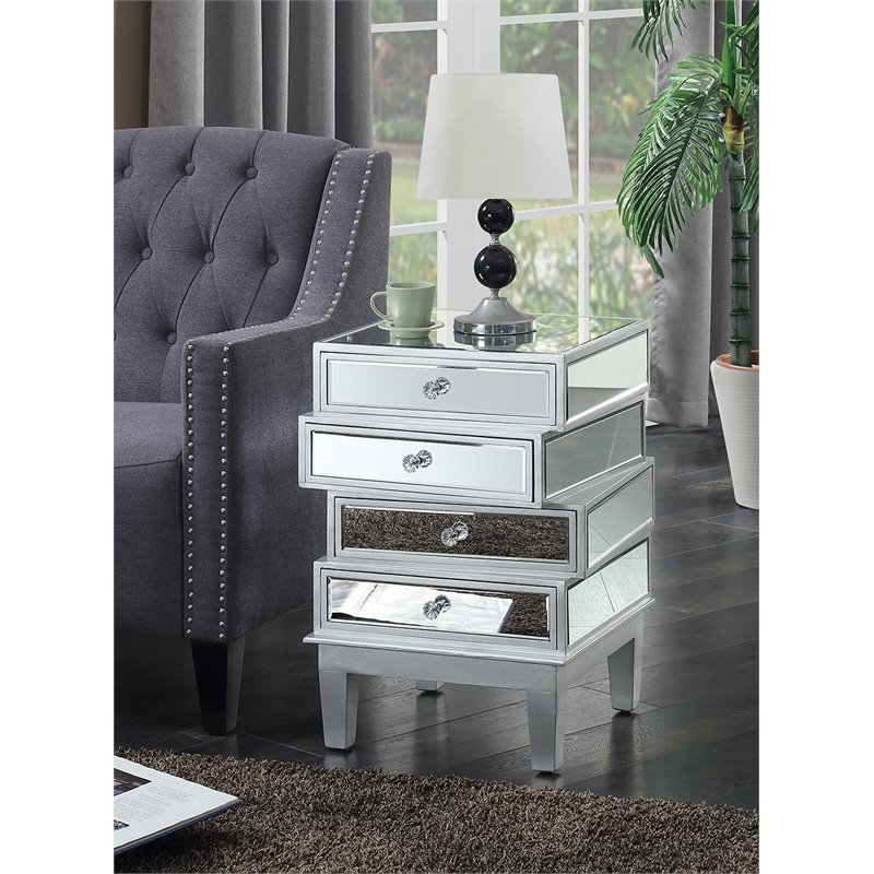 Home Square End Table in Mirrored Glass and Silver Wood Finish - Set of 2