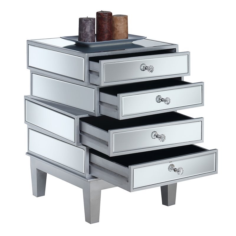 Home Square End Table in Mirrored Glass and Silver Wood Finish - Set of 2